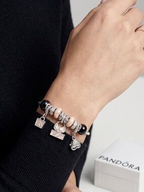 Pandora Silver Bracelet with Pink Enamel and Black Beads